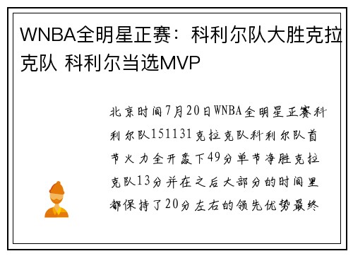 WNBA全明星正赛：科利尔队大胜克拉克队 科利尔当选MVP